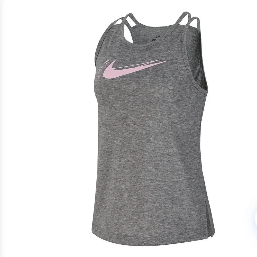 Nike Girls' Trophy Training Tank Top Medium Grey with Baby Pink Swoosh